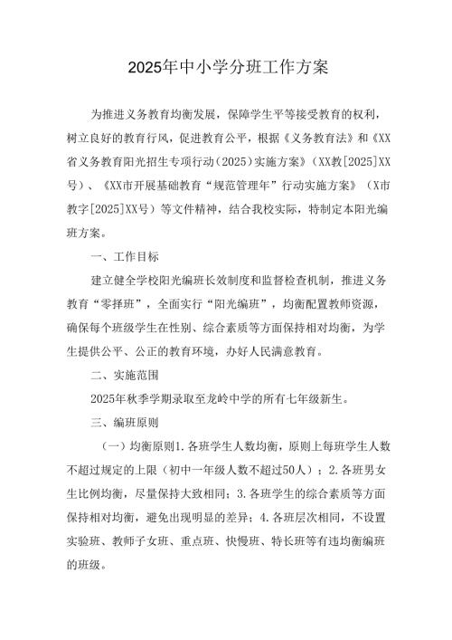 2025年开展《中小学分班》工作实施方案 合计6份.docx
