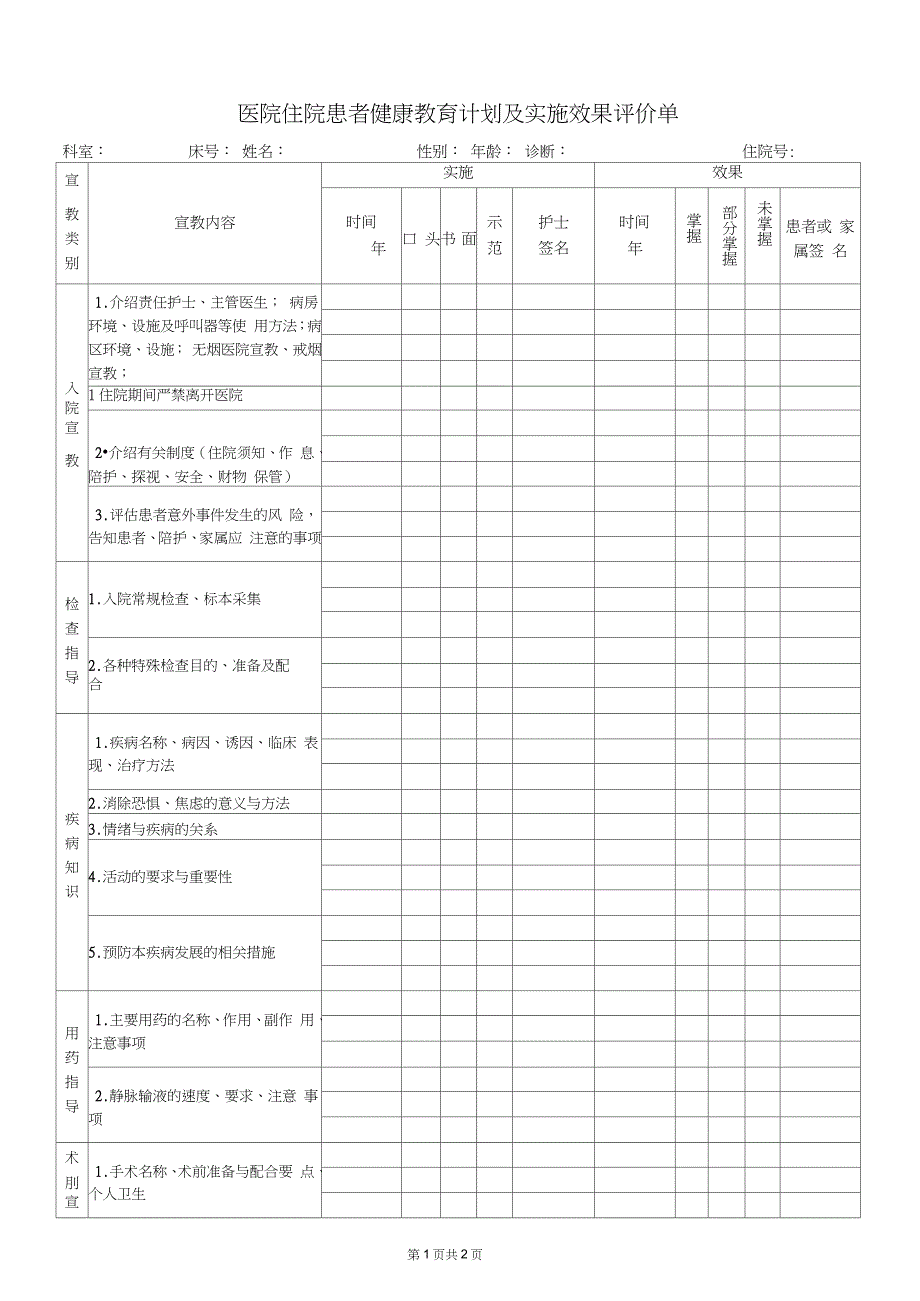 医院住院患者健康教育计划及实施效果评价单完整版.doc_第1页