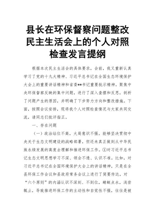 县长在环保督察问题整改民主生活会上的个人对照检查发言提纲.doc