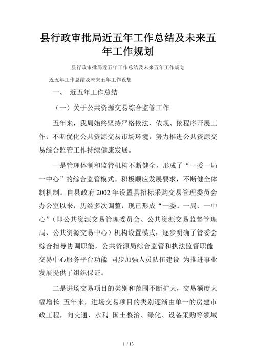 县行政审批局近五年工作总结及未来五年工作规划.doc