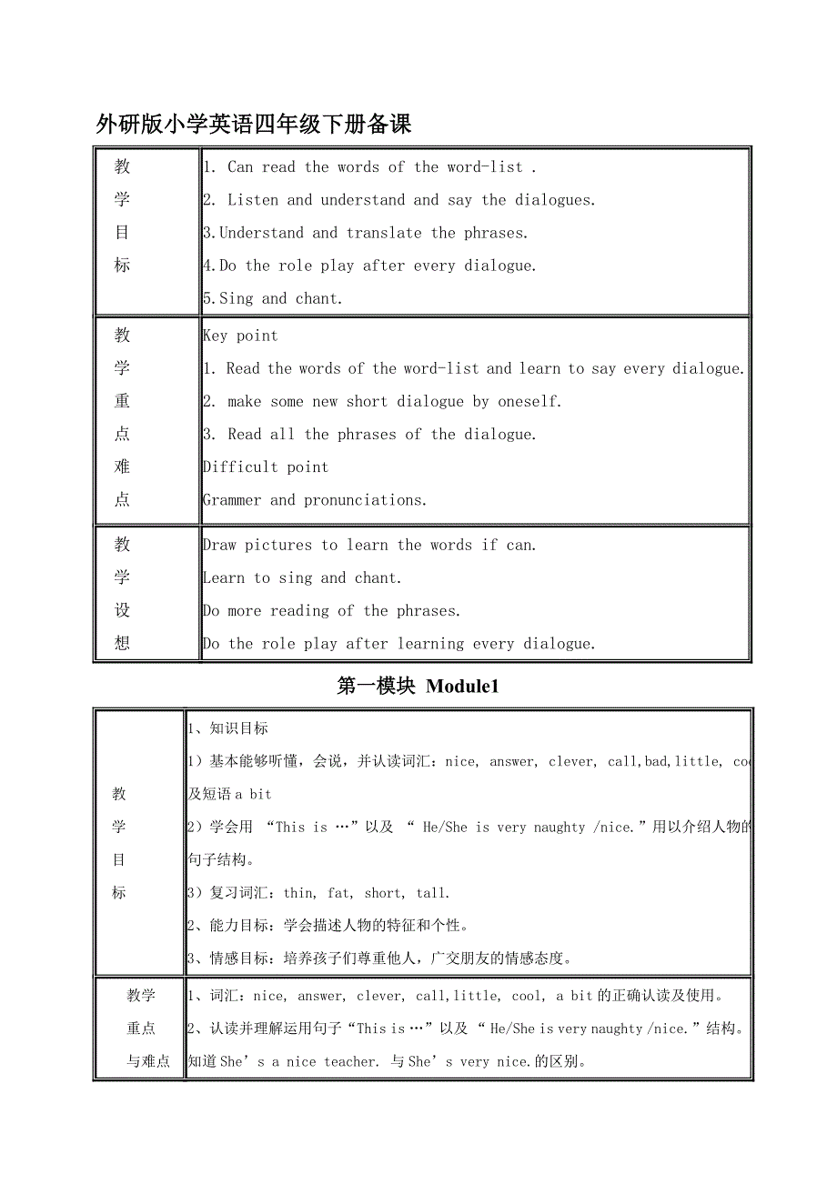 外研版小学英语三年级起点四年级下册全册教案名师制作精品教学课件.doc_第1页