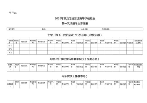 2025年黑龙江省普通高等学校招生填报考生志愿表.docx