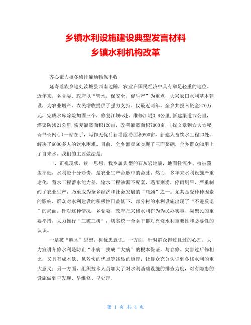 乡镇水利设施建设典型发言材料乡镇水利机构改革.doc