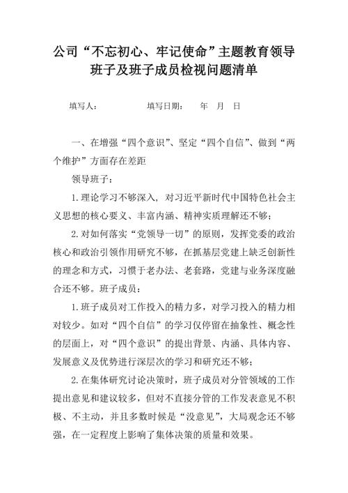 公司主题教育领导班子及班子成员检视问题清单.doc