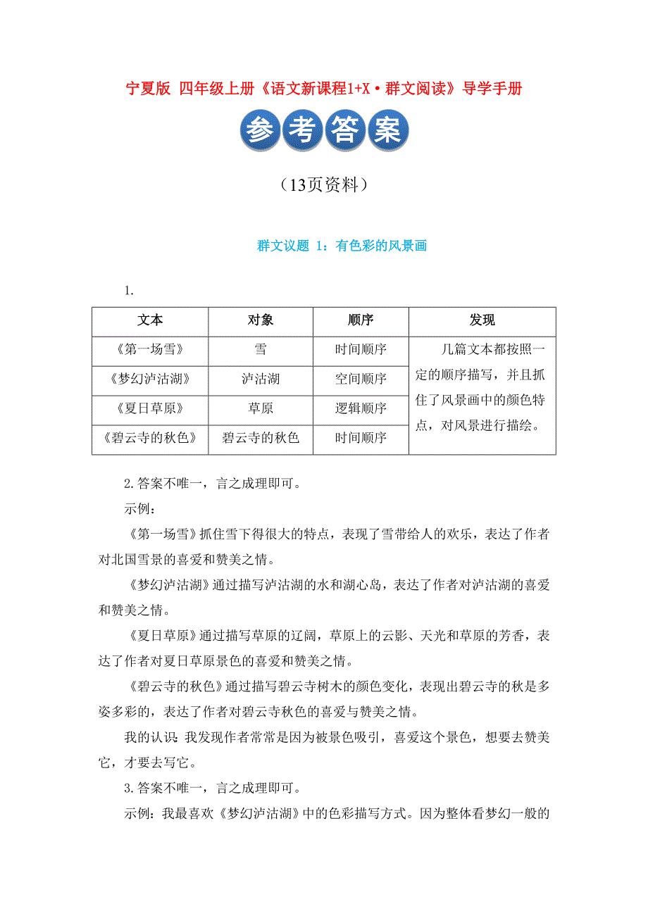 宁夏版四年级上册语文新课程1X群文阅读导学手册答案13页资料.doc_第1页