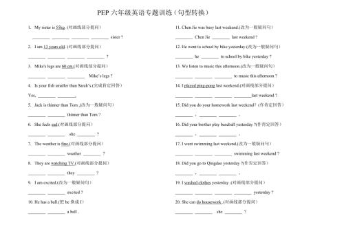 六年级英语专题强化训练四句型转换.doc