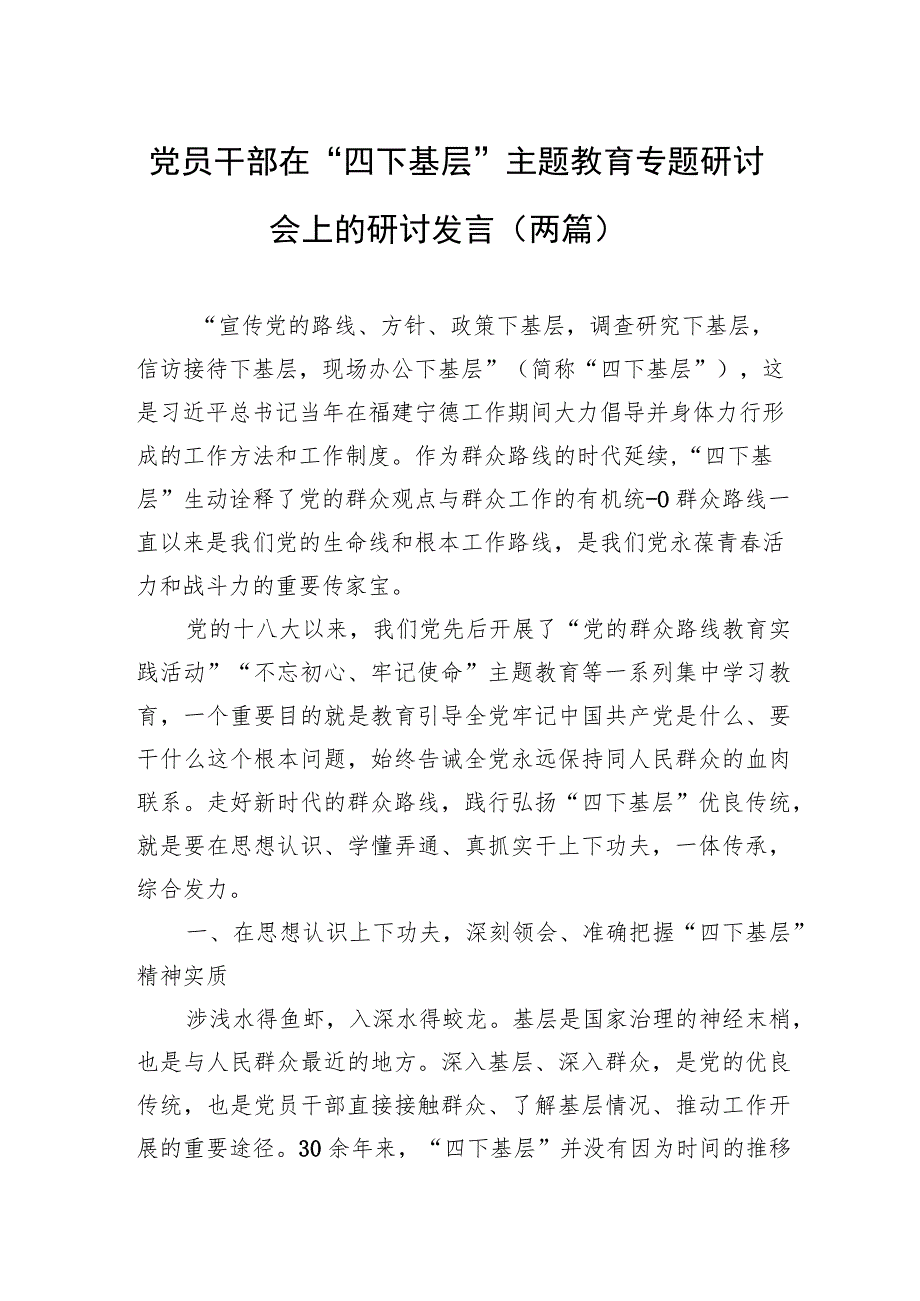 党员干部在四下基层主题教育专题研讨会上的研讨发言两篇.docx_第1页