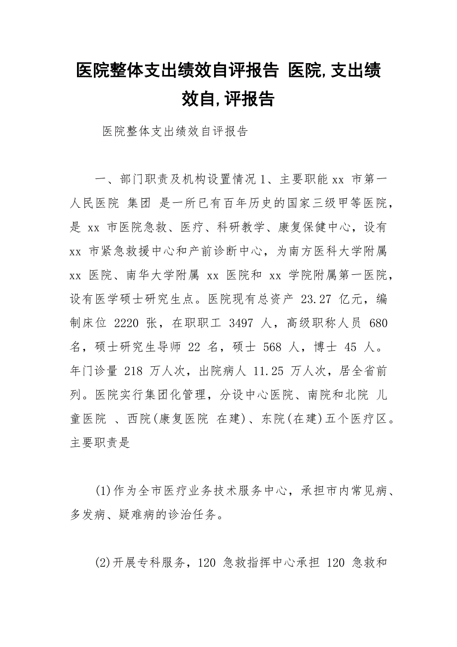 医院整体支出绩效自评报告医院支出绩效自评报告.docx_第1页