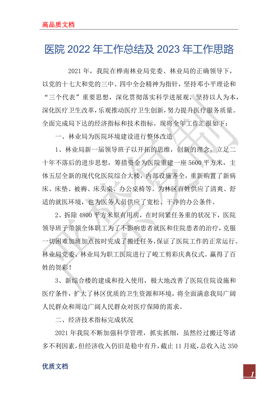 医院2022年工作总结及2023年工作思路.docx_第1页