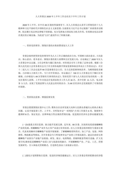 人大常委会2020年上半年工作总结及下半年工作计划.docx