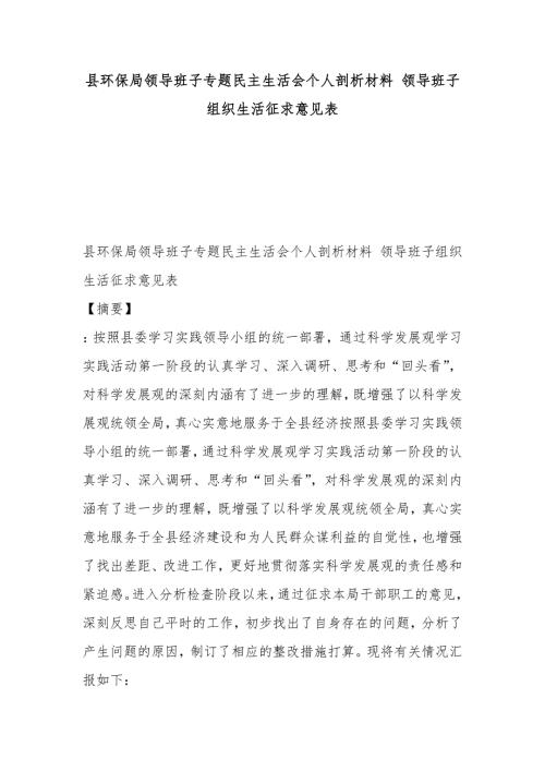 县环保局领导班子专题民主生活会个人剖析材料领导班子组织生活征求意见表.docx