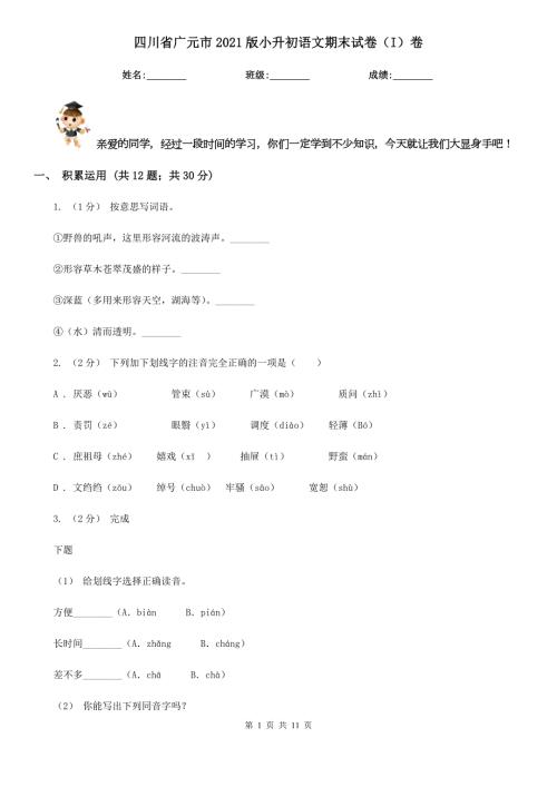 四川省广元市2021版小升初语文期末试卷I卷.doc