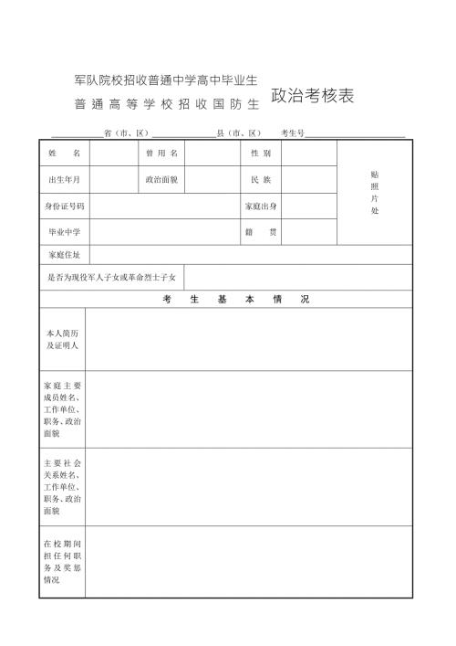 军校招生政治考核表格式双面打印.doc