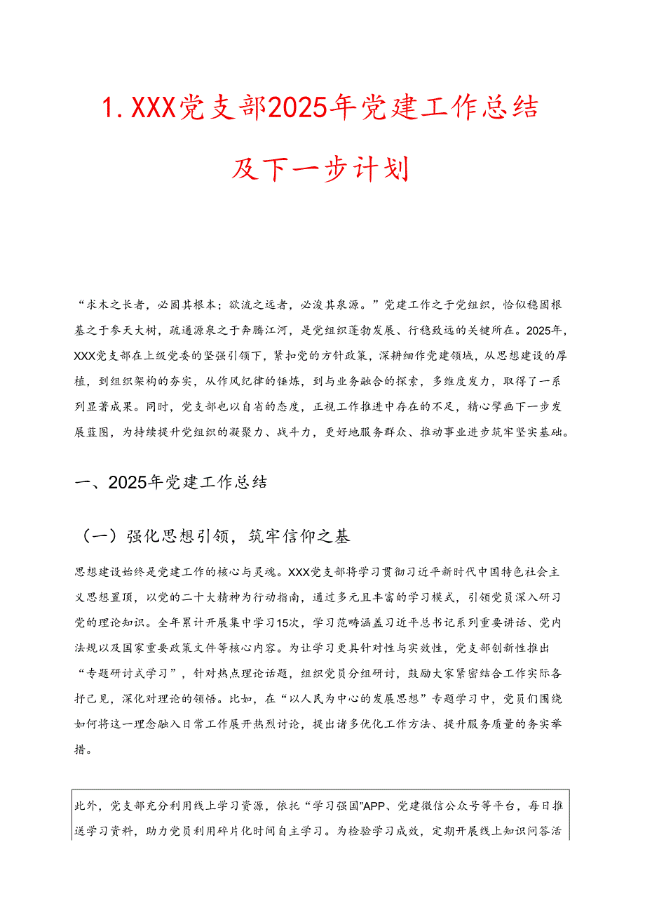 1.XXX党支部2025年党建工作总结及下一步计划.docx_第1页