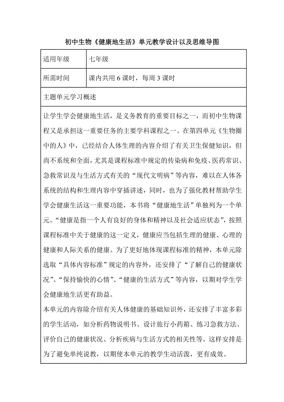 初中生物健康地生活单元教学设计以及思维导图.doc_第1页