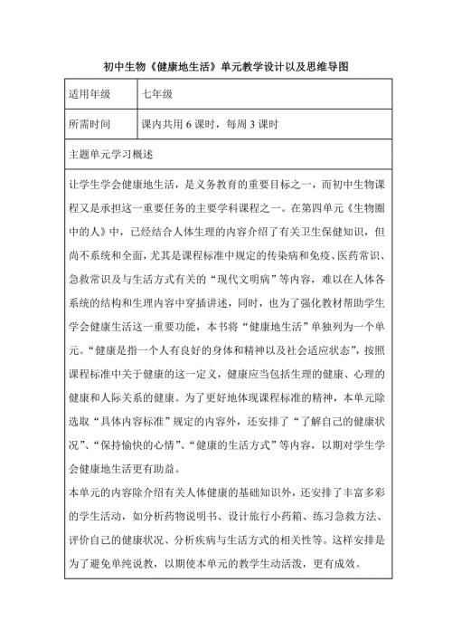 初中生物健康地生活单元教学设计以及思维导图.doc