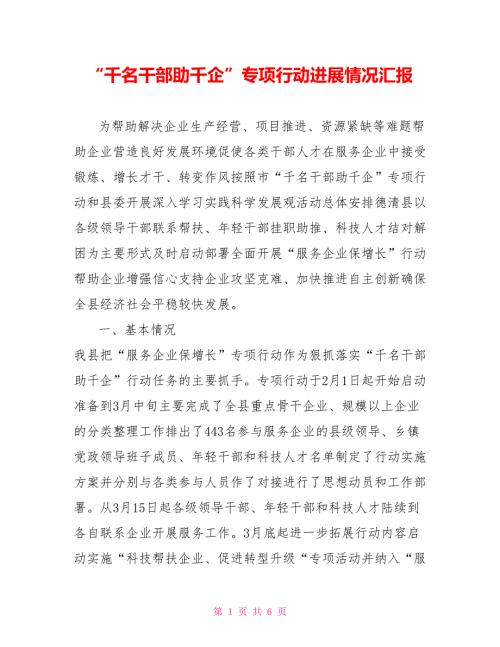千名干部助千企专项行动进展情况汇报.doc