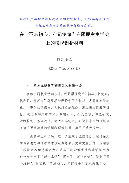 乡镇市县局通用在不忘初心牢记使命专题民主生活会上的检视剖析材料.docx