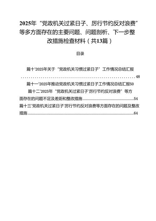 2025年“党政机关过紧日子、厉行节约反对浪费”等多方面存在的主要问题、问题剖析、下一步整改措施检查材料13篇（精选）.docx