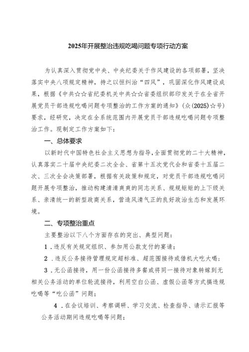 7篇 2025年开展整治违规吃喝问题专项行动方案（精编版）.docx