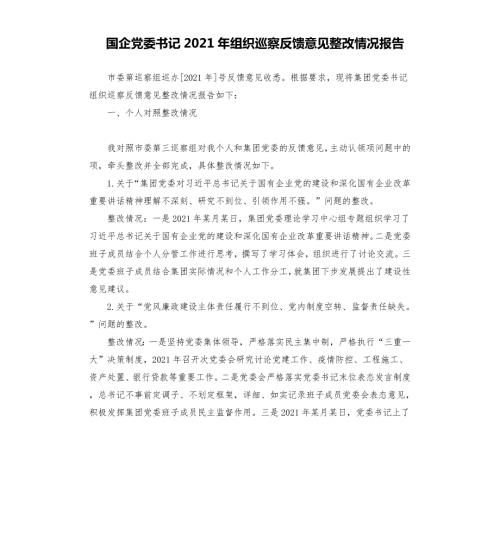 国企党委书记2021年组织巡察反馈意见整改情况报告文档.docx