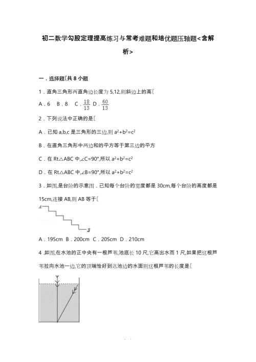 初二数学勾股定理提高练习与常考难题和培优题压轴题含解析.doc