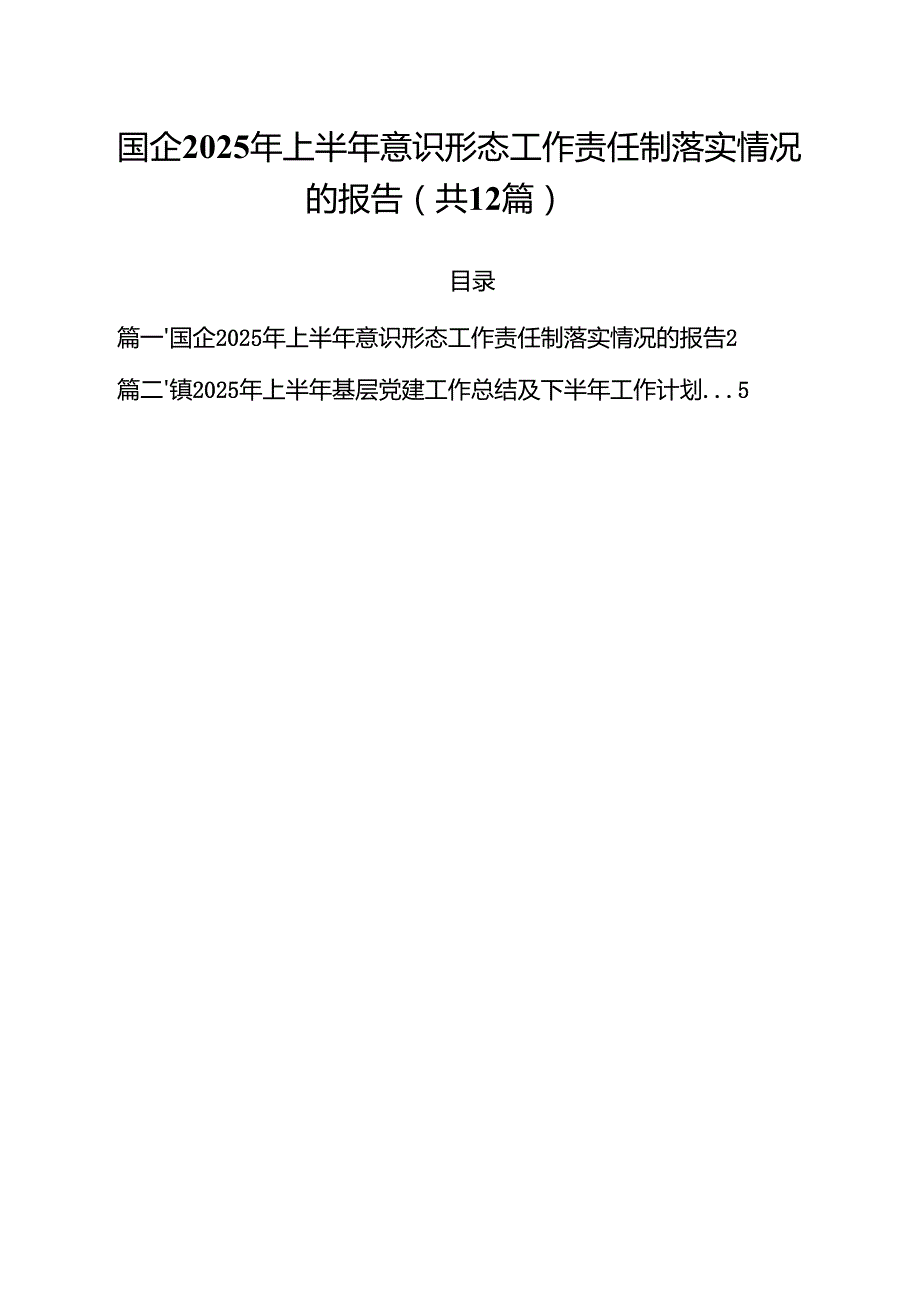 (12篇)国企2025年上半年意识形态工作责任制落实情况的报告精选汇编.docx_第1页