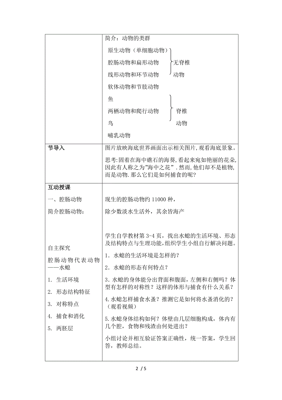 人教版初中生物八上5.1.1腔肠动物和扁形动物教案.docx_第2页