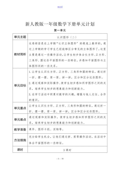 人教版数学一年级下册单元教学计划清单.doc