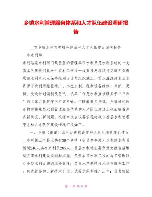 乡镇水利管理服务体系和人才队伍建设调研报告.doc