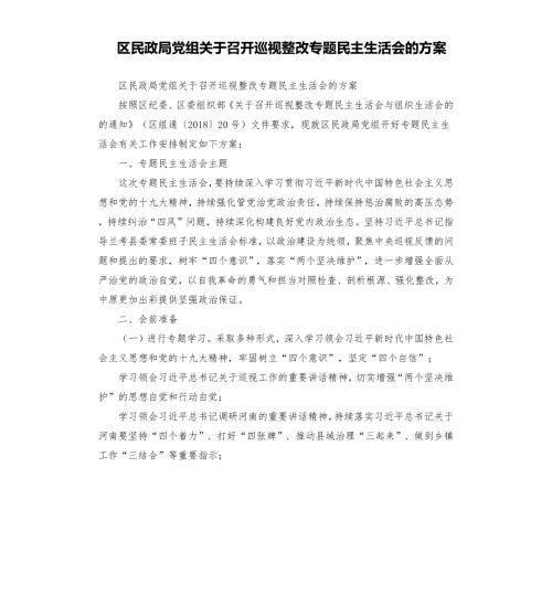 区民政局党组关于召开巡视整改专题民主生活会的方案.docx
