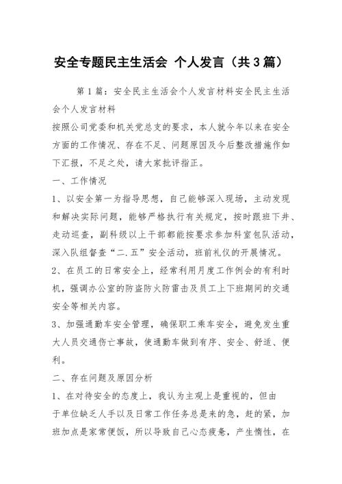 安全专题民主生活会个人发言共3篇.docx