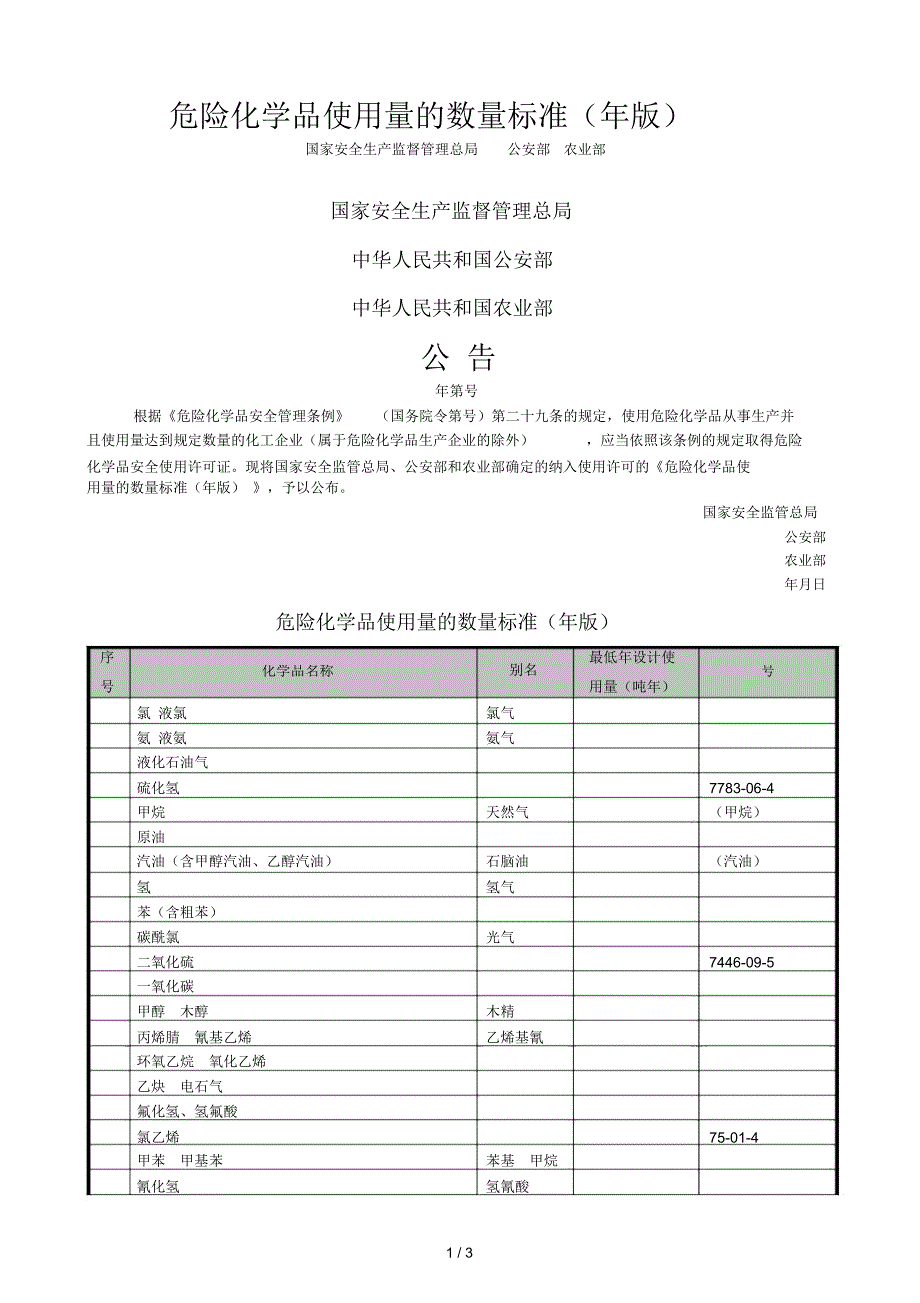 危险化学品使用量的数量标准年版.docx_第1页