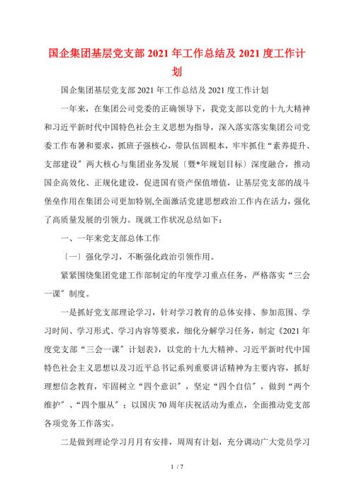 国企集团基层党支部2021年工作总结及2021度工作计划.doc