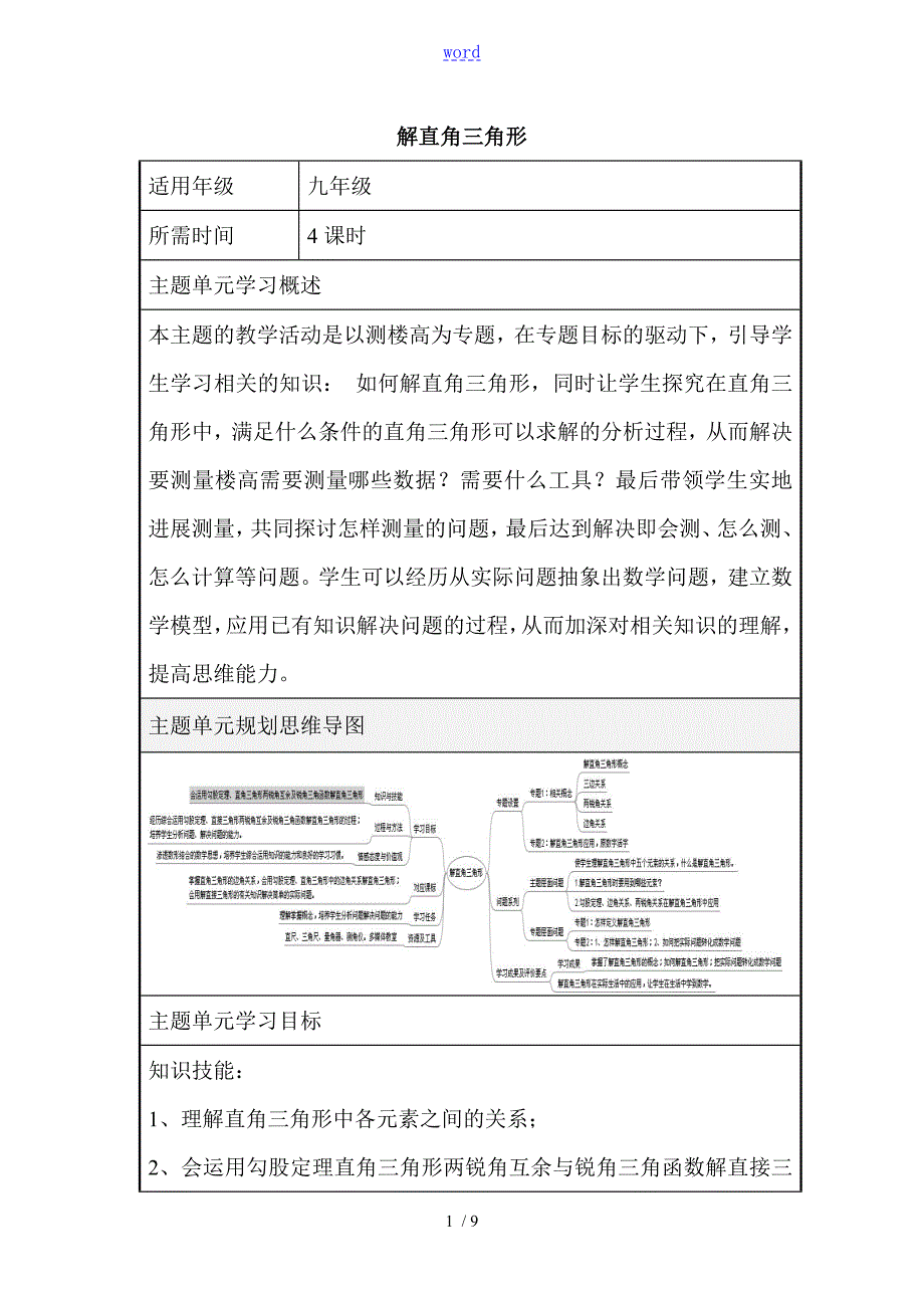 初中数学解直角三角形单元教学设计以及思维导图.doc_第1页