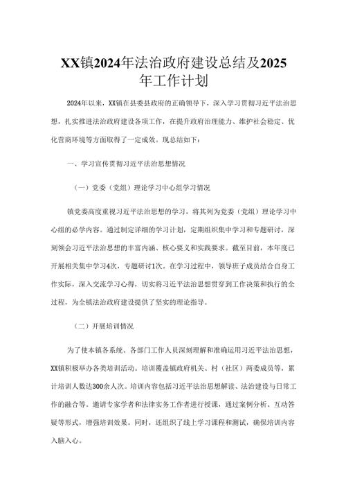 XX镇2024年法治政府建设总结及2025年工作计划.docx