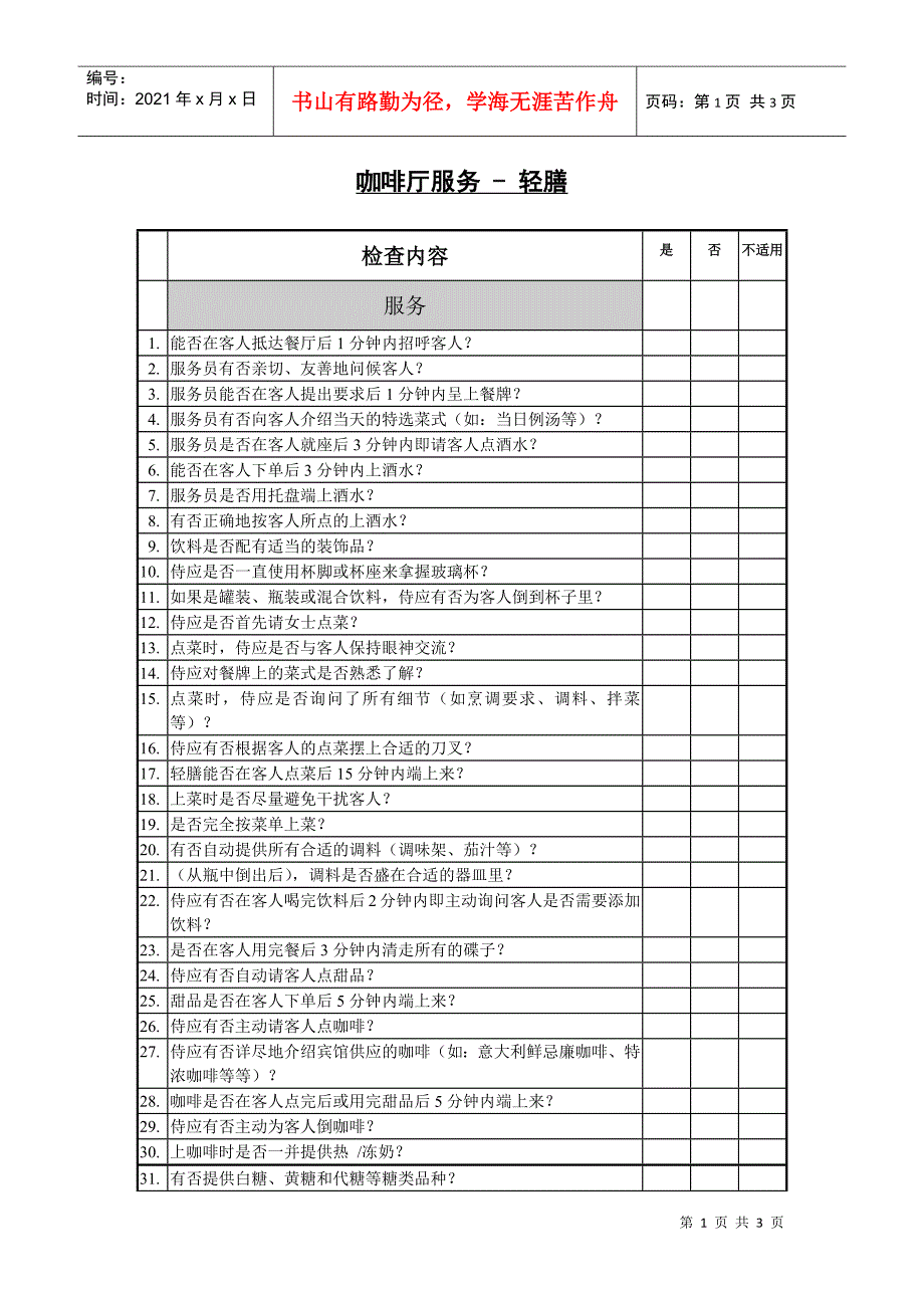 咖啡厅服务检查表轻膳.docx_第1页