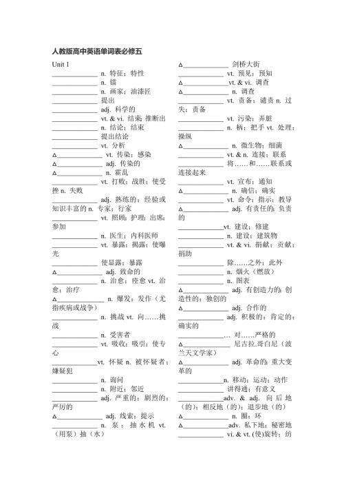 人教版高中英语单词表必修五默写版.docx