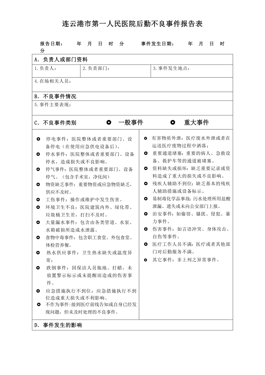 医院后勤不良事件报告表.doc_第1页