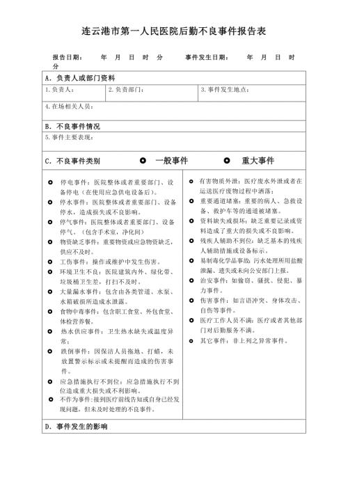 医院后勤不良事件报告表.doc