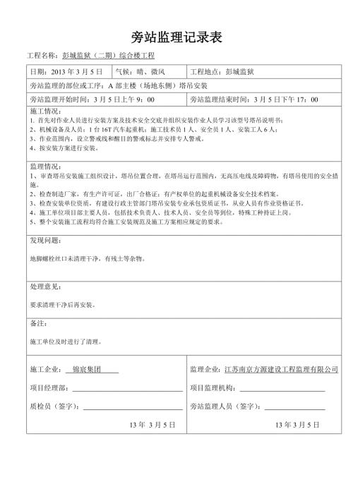 塔吊安装旁站监理旁站记录表.doc