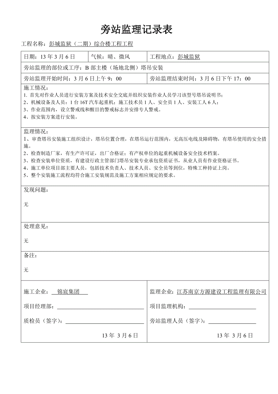 塔吊安装旁站监理旁站记录表.doc_第2页