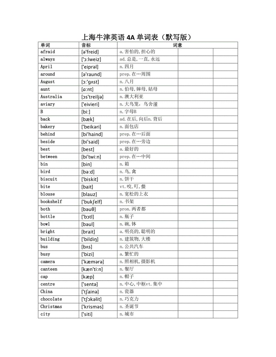 上海牛津英语四年级第一学期4A单词表默写.doc_第1页