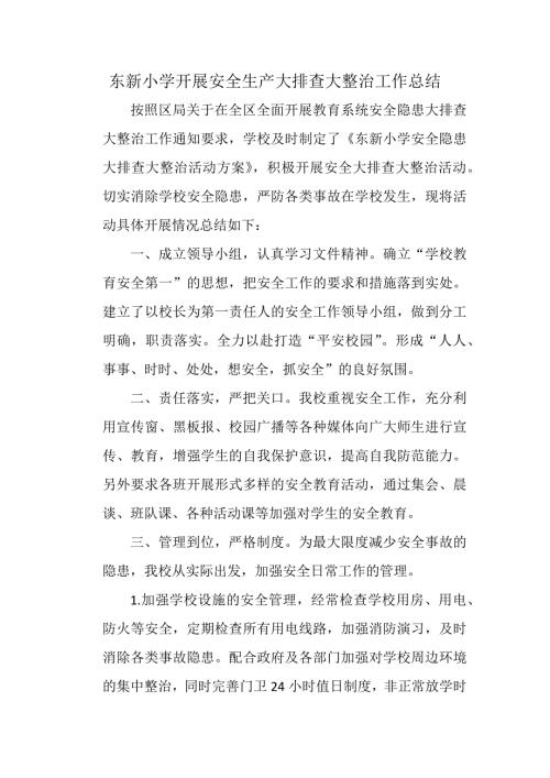 东新小学开展安全生产大排查大整治工作总结.doc