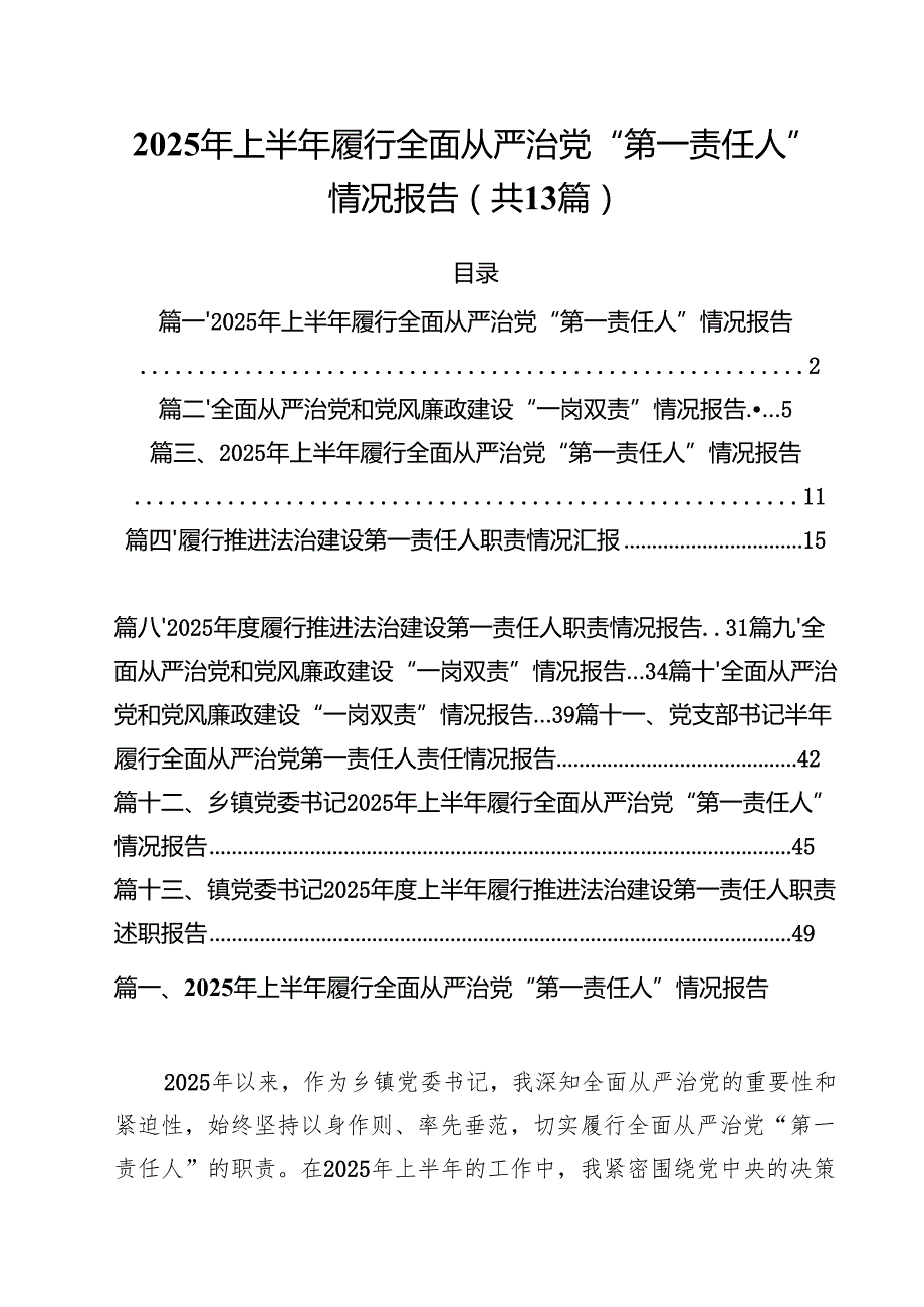 2025年上半年履行全面从严治党“第一责任人”情况报告精选(13篇).docx_第1页