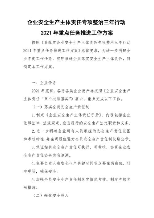 企业安全生产主体责任专项整治三年行动2021年重点任务推进工作方案.doc