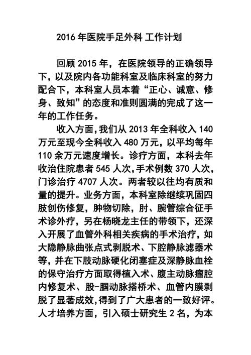 医院手足外科工作计划.doc