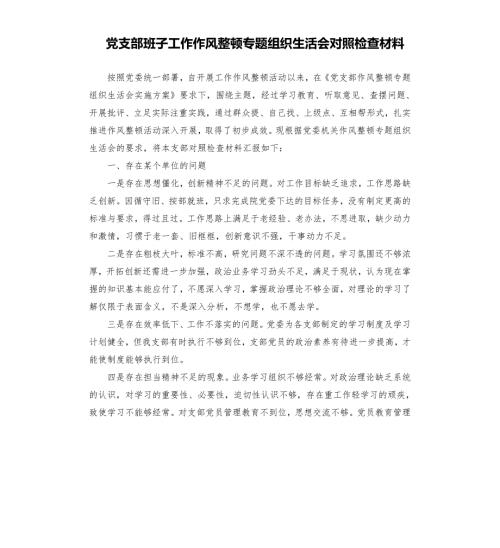 党支部班子工作作风整顿专题组织生活会对照检查材料.docx