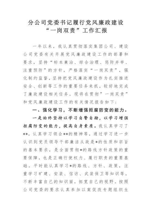 分公司党委书记履行党风廉政建设一岗双责工作汇报.doc