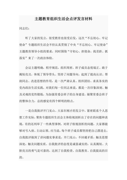 主题教育组织生活会点评发言材料.doc